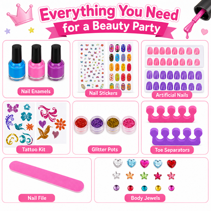 KLOOVY 3-in-1 Girls Beauty Party Pack | Nail Salon Kit, Manicure & Pedicure Set with Sparkling Tattoos | Pretend Play Makeup Toy Gift Set for Girls Age 8+ Years