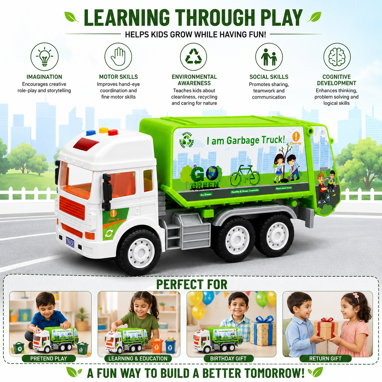 KLOOVY City Service Garbage Truck Toy, Friction Light & Sound, Opening Bin, Age 3+