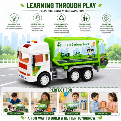 KLOOVY City Service Garbage Truck Toy, Friction Light & Sound, Opening Bin, Age 3+