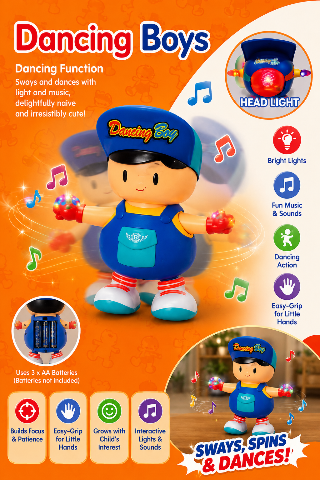 KLOOVY Toys Dancing Boy Toy for Kids with Flashing Lights and Musical Sounds