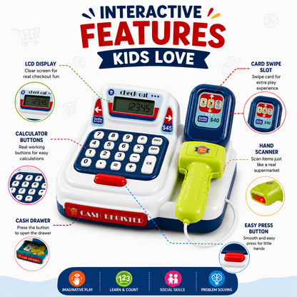 KLOOVY Kids Cash Register Toy with Calculator, Scanner & Card Swipe Pretend Play Set