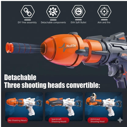 KLOOVY EVA Sponge Bullet Adventurer Space Blaster Toy Gun for Kids | DIY Space Shooter with 3 Interchangeable Rocket Attachments | Soft Foam Dart Shooting Toy | 6 Foam Bullets | Age 6+ Years
