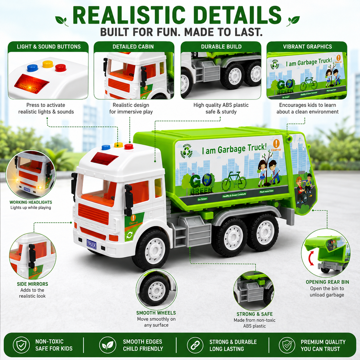 KLOOVY City Service Garbage Truck Toy, Friction Light & Sound, Opening Bin, Age 3+