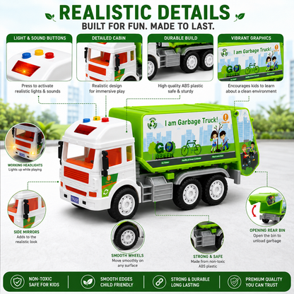 KLOOVY City Service Garbage Truck Toy, Friction Light & Sound, Opening Bin, Age 3+