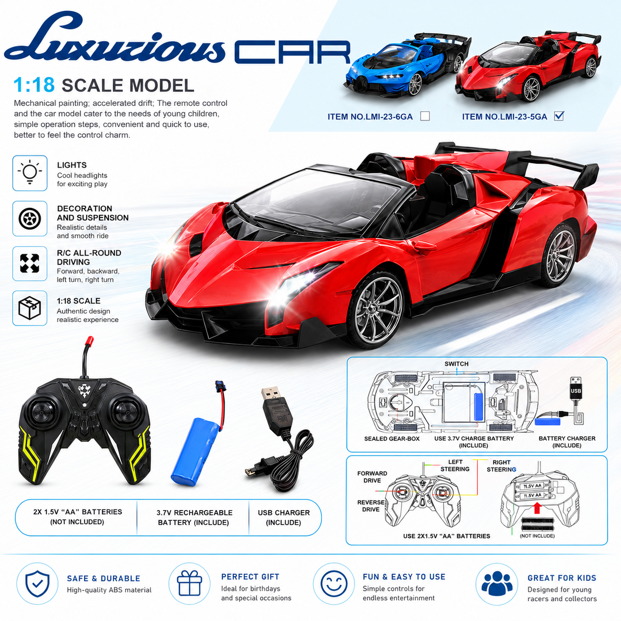KLOOVY 1:18 Scale RC Sport Model Car, Remote Control with Lights, Forward/Reverse/Left/Right Steering, USB Rechargeable, for 6+ Age Kids