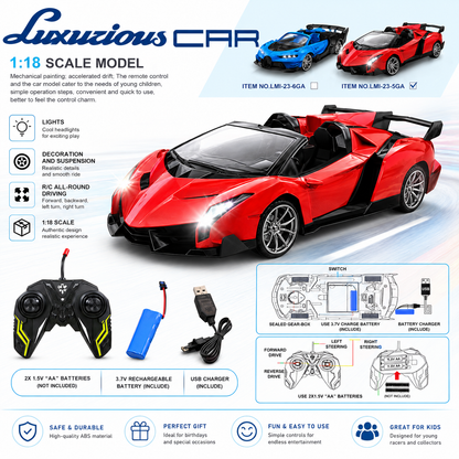 KLOOVY 1:18 Scale RC Sport Model Car, Remote Control with Lights, Forward/Reverse/Left/Right Steering, USB Rechargeable, for 6+ Age Kids