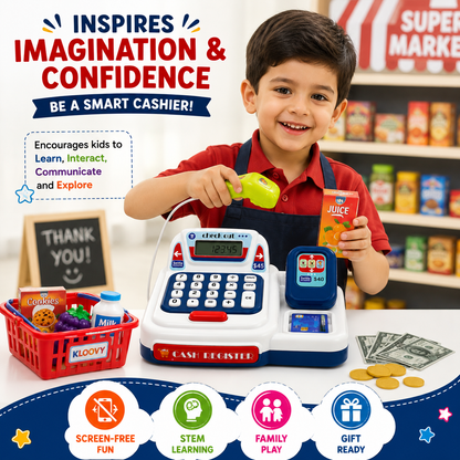 KLOOVY Kids Cash Register Toy with Calculator, Scanner & Card Swipe Pretend Play Set