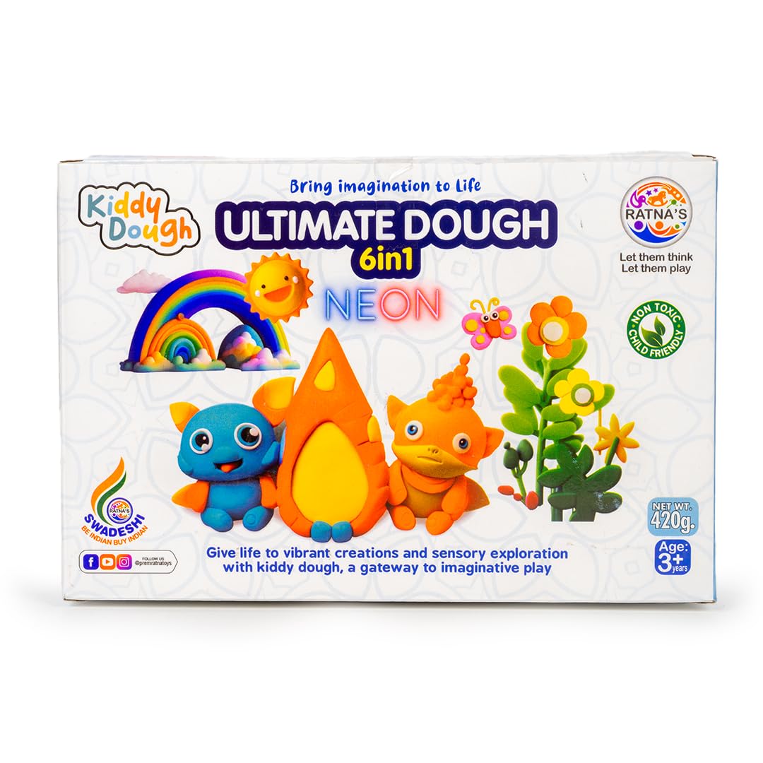 KLOOVY 6 in 1 Ultimate Dough Having 6 Tubs of Different Color Dough (60g Each) & 24 Moulds, Smooth, Non Sticky Clay & Dough Kit Activity Toys for Kids