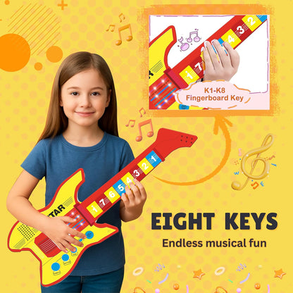 KLOOVY Stringless Musical Guitar Toy for Kids | Number Keys Musical Toy | Included Microphone | Rhythm, Tone, Sample Function | Power Source: 3xAA Batteries (Not Included)