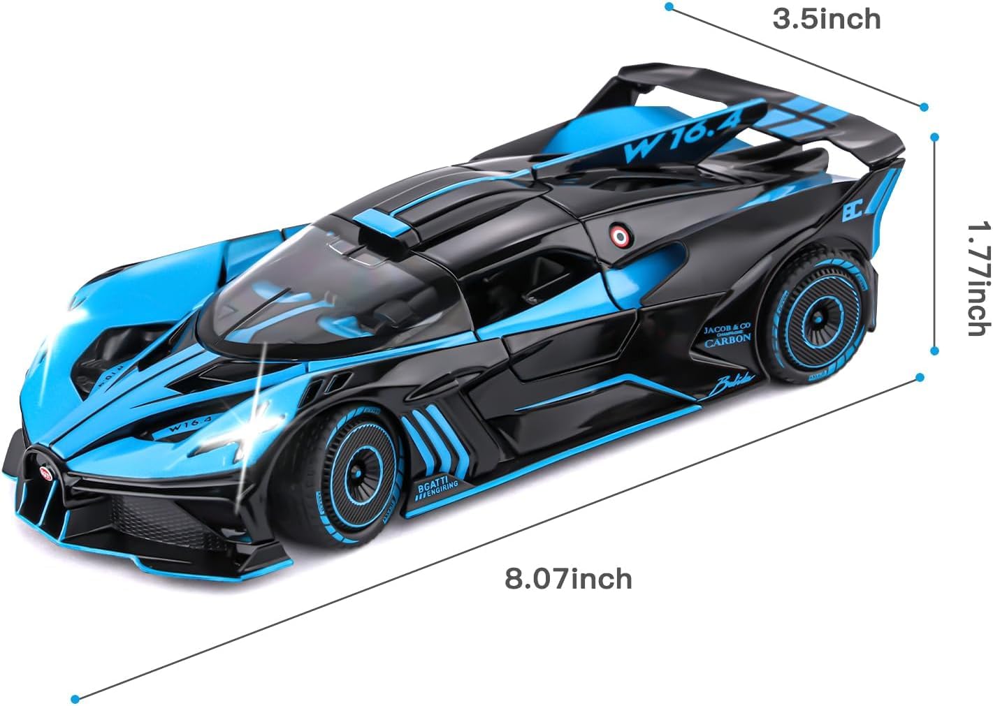 KLOOVY Bugatti Bolide Toy Car Metal Pull Back 1:24 Diecast Car with Openable Door and Sound Light, Gifts Toys for Kids