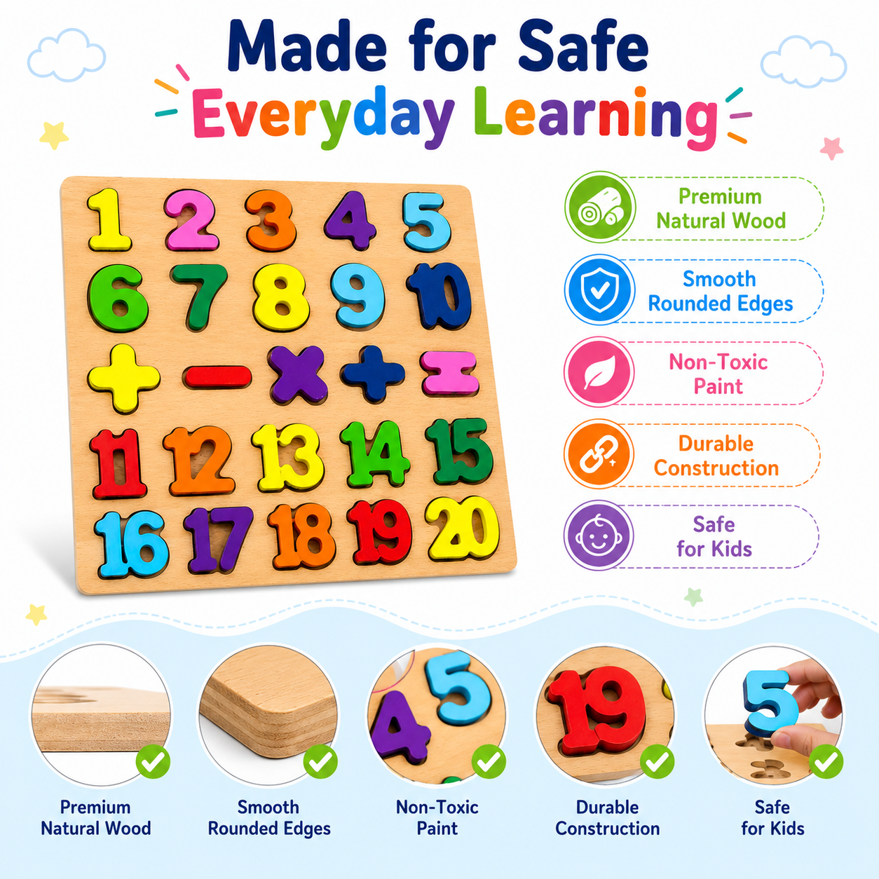 KLOOVY Wooden Number Math Learning Puzzles Board Toy for Kids Age 2-5 Years