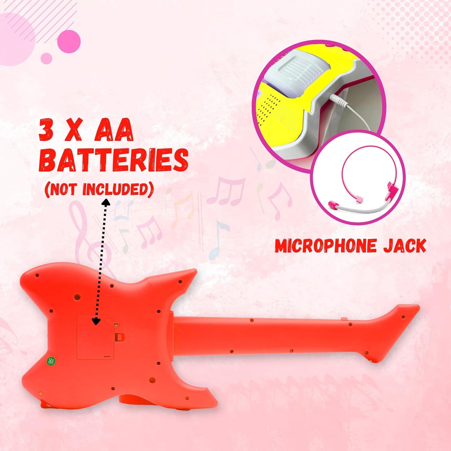 KLOOVY Stringless Musical Guitar Toy for Kids | Number Keys Musical Toy | Included Microphone | Rhythm, Tone, Sample Function | Power Source: 3xAA Batteries (Not Included)