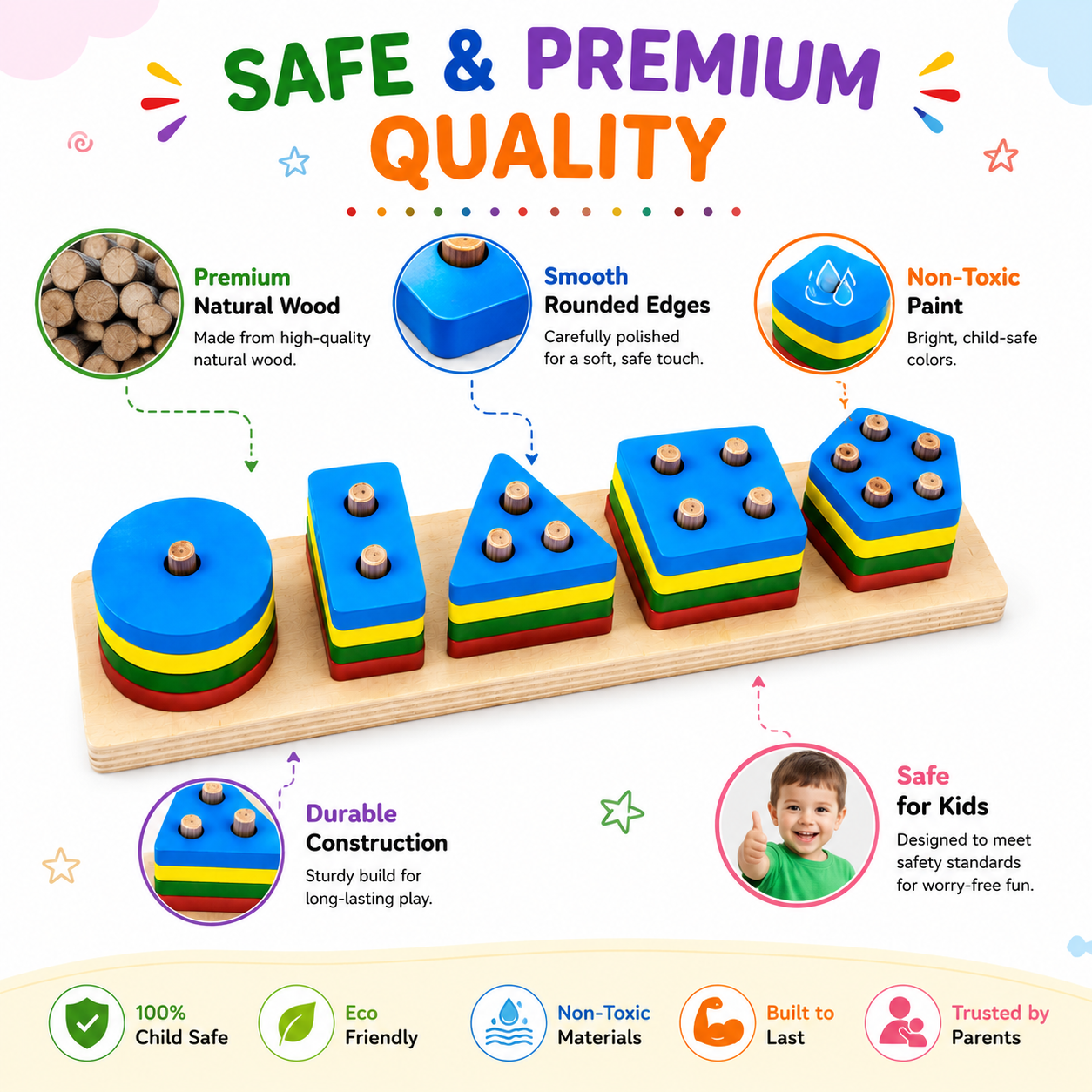 KLOOVY Wooden Geometric Shape Sorter Montessori Learning Puzzles for Kids 2+