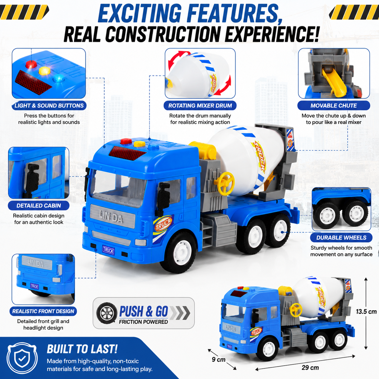 KLOOVY Pull Back Vehicles Toy Cement Mixture for 3+ Years, Light & Sound Toy for Kids