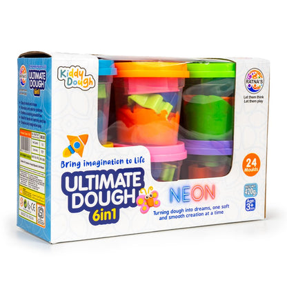 KLOOVY 6 in 1 Ultimate Dough Having 6 Tubs of Different Color Dough (60g Each) & 24 Moulds, Smooth, Non Sticky Clay & Dough Kit Activity Toys for Kids