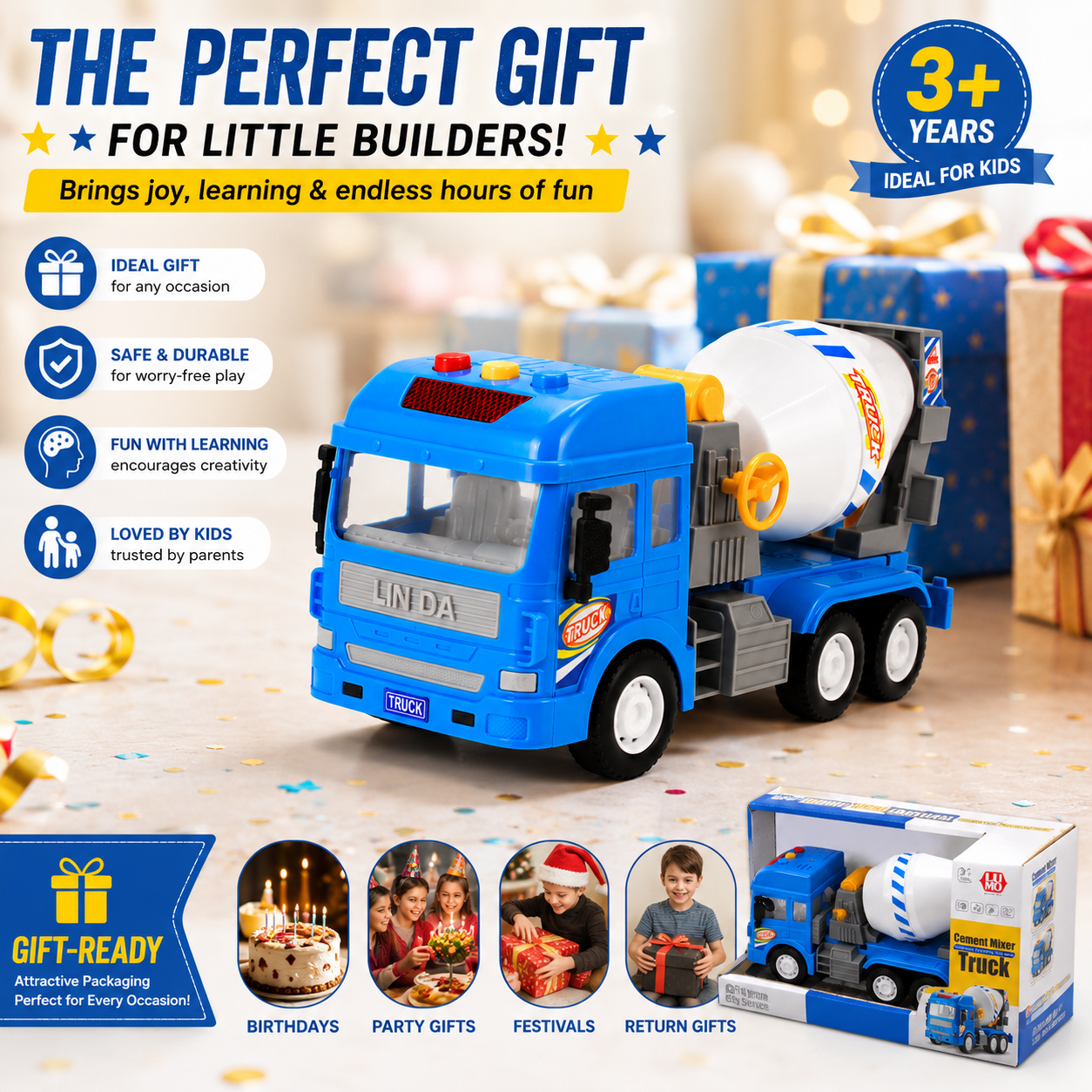 KLOOVY Pull Back Vehicles Toy Cement Mixture for 3+ Years, Light & Sound Toy for Kids
