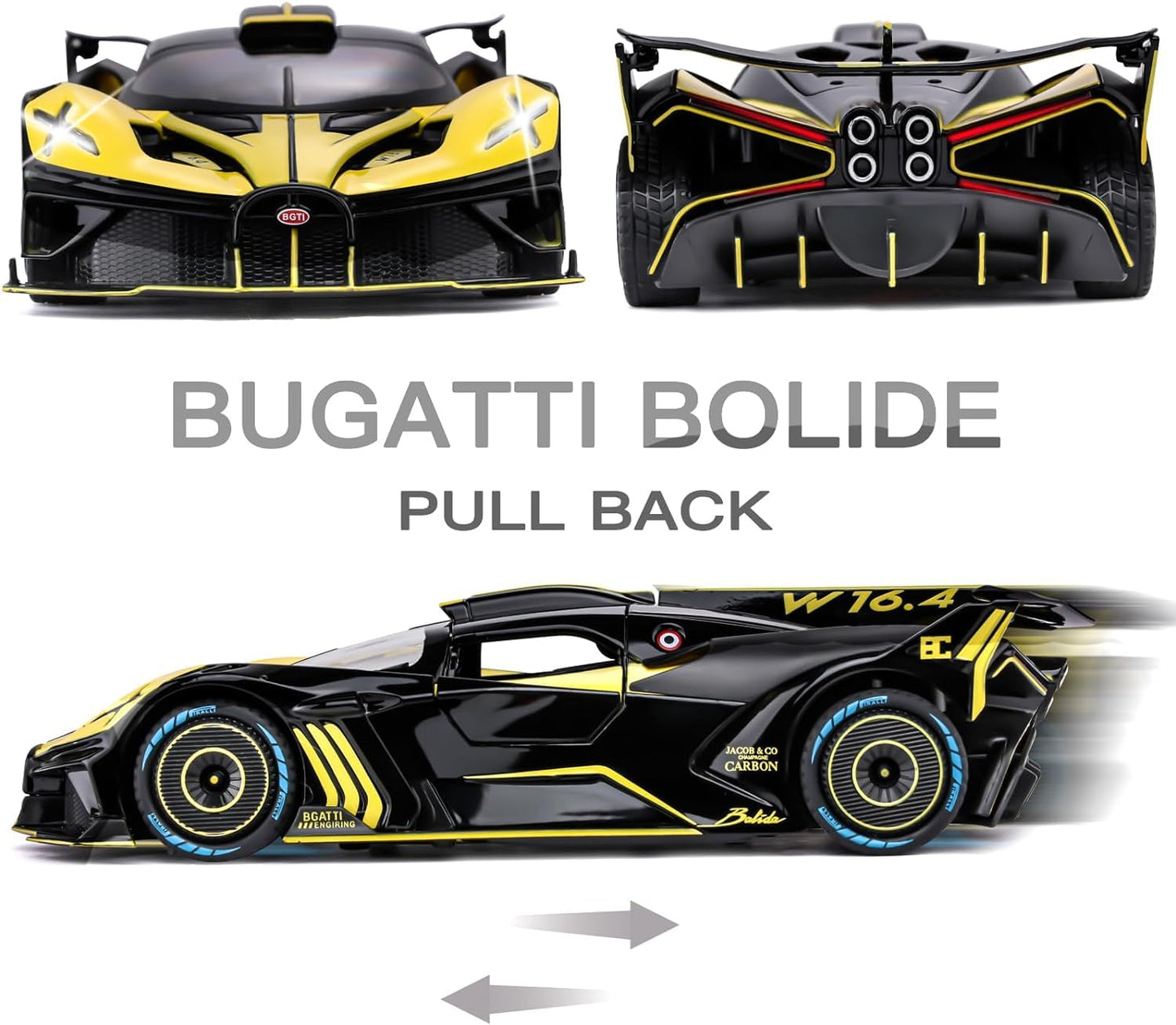 KLOOVY Bugatti Bolide Toy Car Metal Pull Back 1:24 Diecast Car with Openable Door and Sound Light, Gifts Toys for Kids
