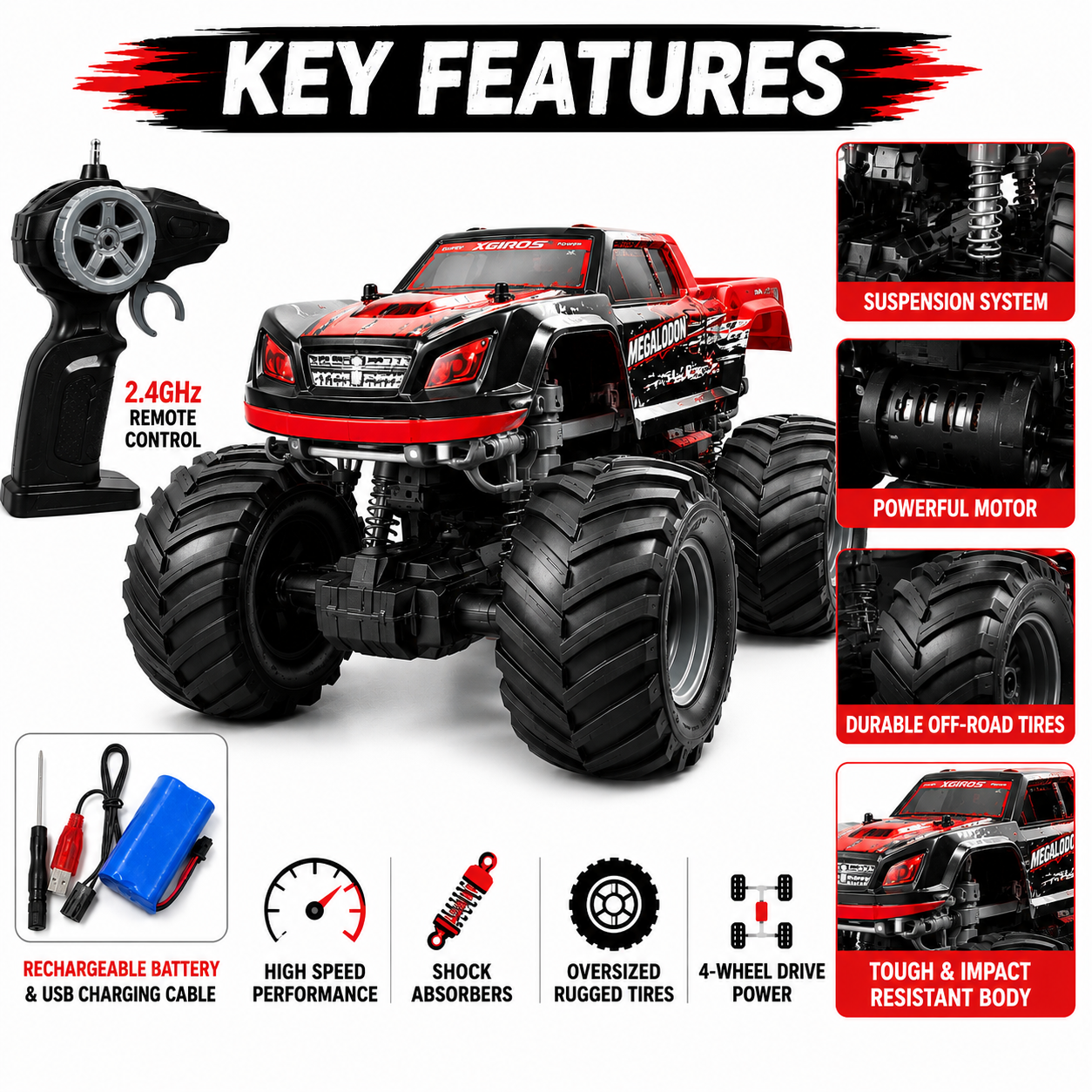 KLOOVY 1:8 Scale High-Speed Remote Control Monster Truck for Kids | 2.4GHz RC Off-Road Car | Rechargeable Battery & USB Charger | Big Wheels | Remote Control Toy for Boys & Girls 6+ Years