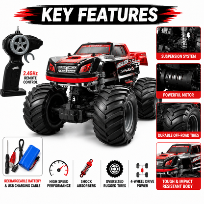 KLOOVY 1:8 Scale High-Speed Remote Control Monster Truck for Kids | 2.4GHz RC Off-Road Car | Rechargeable Battery & USB Charger | Big Wheels | Remote Control Toy for Boys & Girls 6+ Years