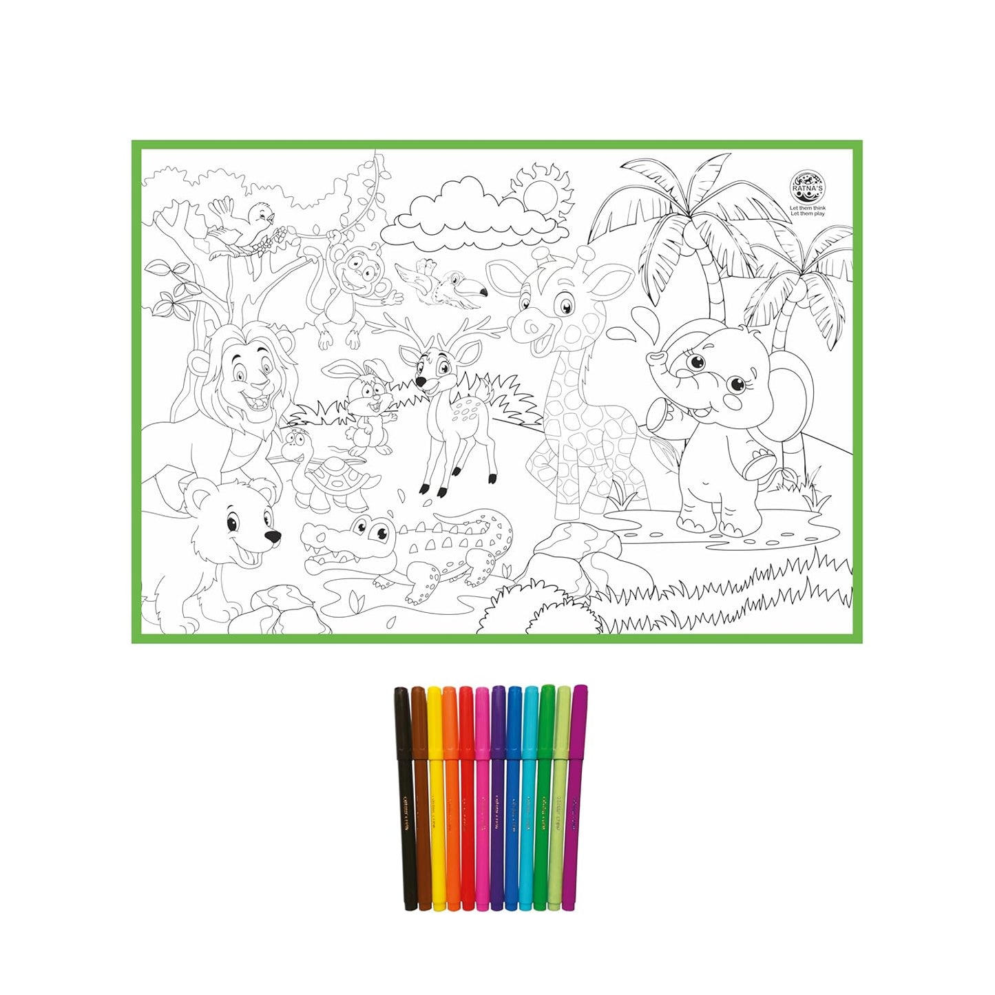 KLOOVY My Coloring Mat Jungle Printed Mat of Size 40 x 27 Inches, Washable & Reusable Colouring Kit for Kids 3+ Years