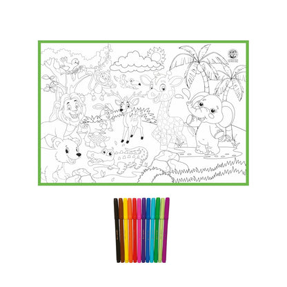 KLOOVY My Coloring Mat Jungle Printed Mat of Size 40 x 27 Inches, Washable & Reusable Colouring Kit for Kids 3+ Years