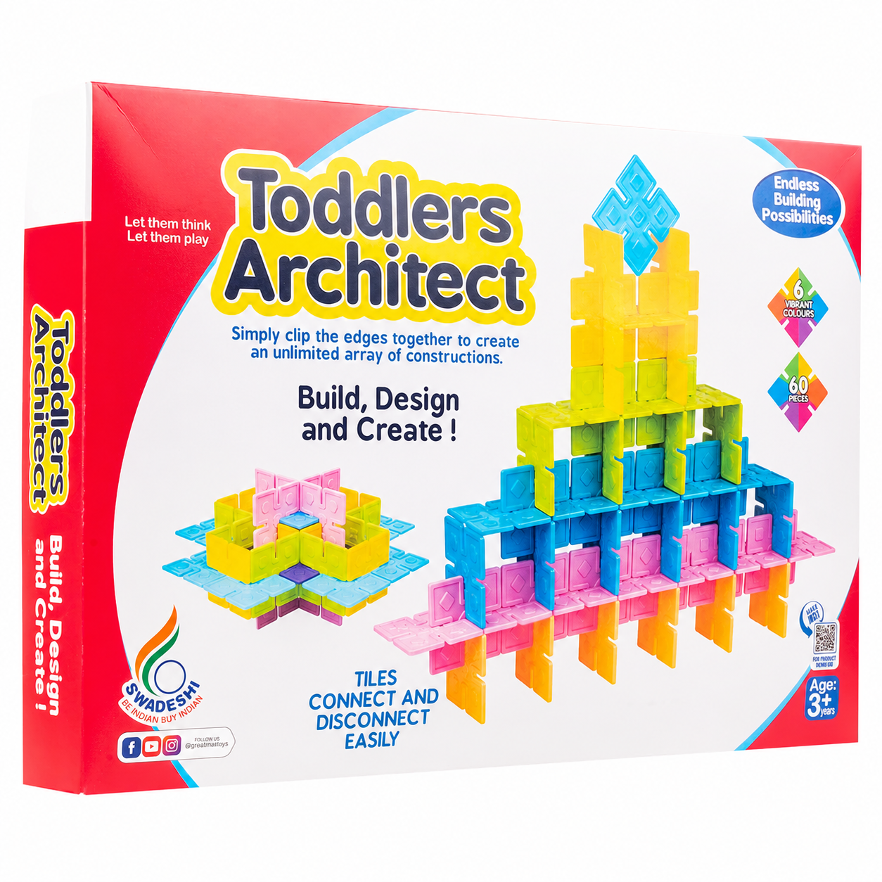 KLOOVY Toddlers Architect Building Set to Construct Different Models & Designs with 60 Colourful Tiles for Kids 3+ Years