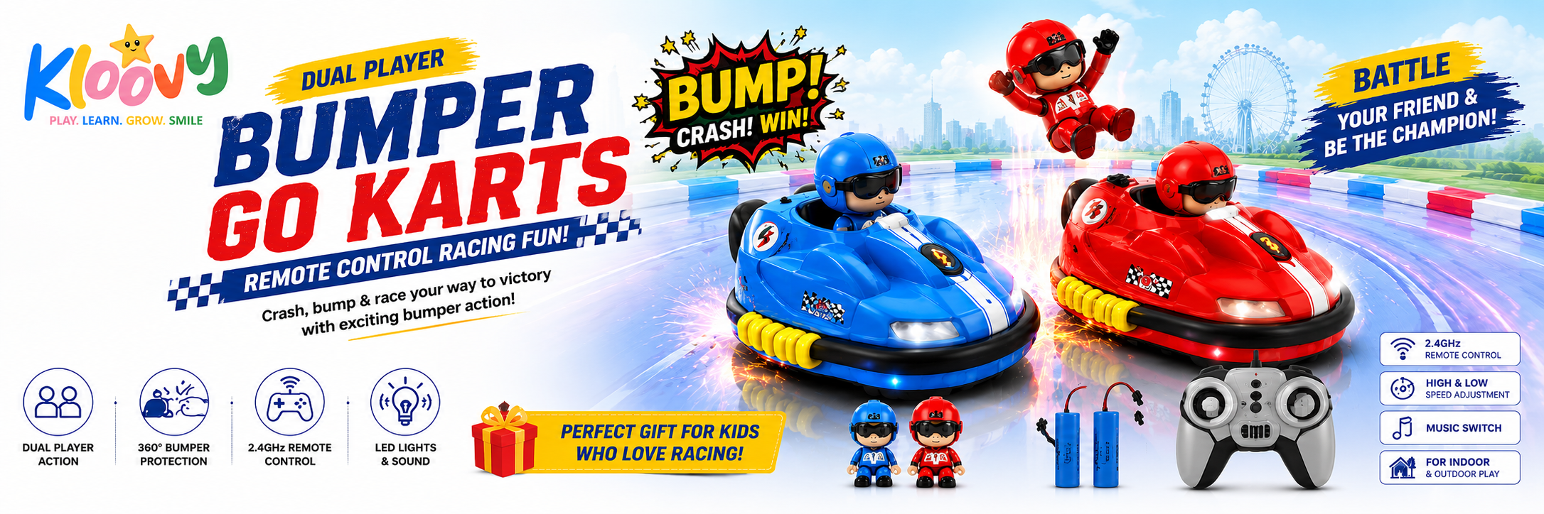 Kloovs bumper go karts with remote control, racing fun for kids, on a colorful background.